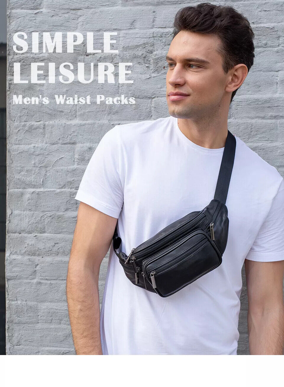 Fanny Pack Black Genuine Leather Waist Bag Travel Purse Hip Belt Carry on Pouch