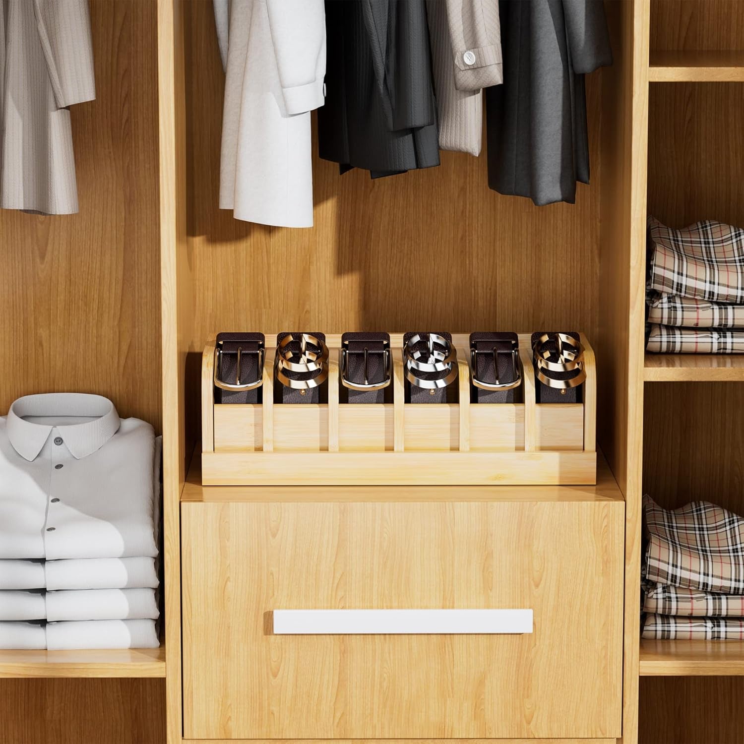Bamboo Belt Organizer Box,6 Grids Belt Rack, Belt Organizer for Closet and Drawe