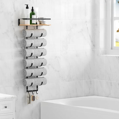 Towel Racks for Rolled Towels - Wall Mounted Bathroom Towel Holder with Wood Shelf & 3 Hooks, Space-Saving Vertical Storage for Small Bathrooms