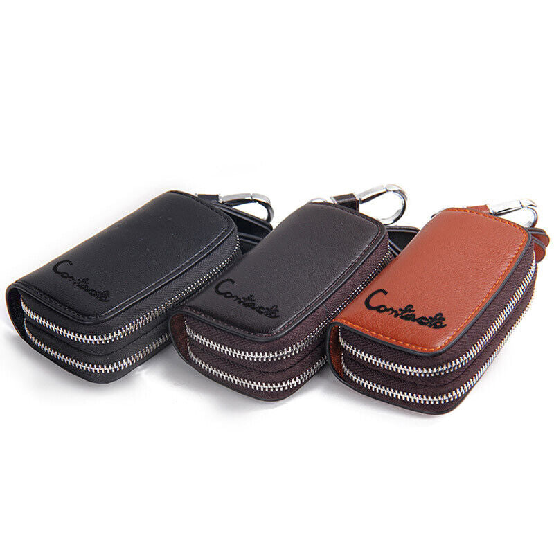 Keyholder Retro Casual Cowhide Leather Double Zipper Car Key Case Holder Wallet Key Bag