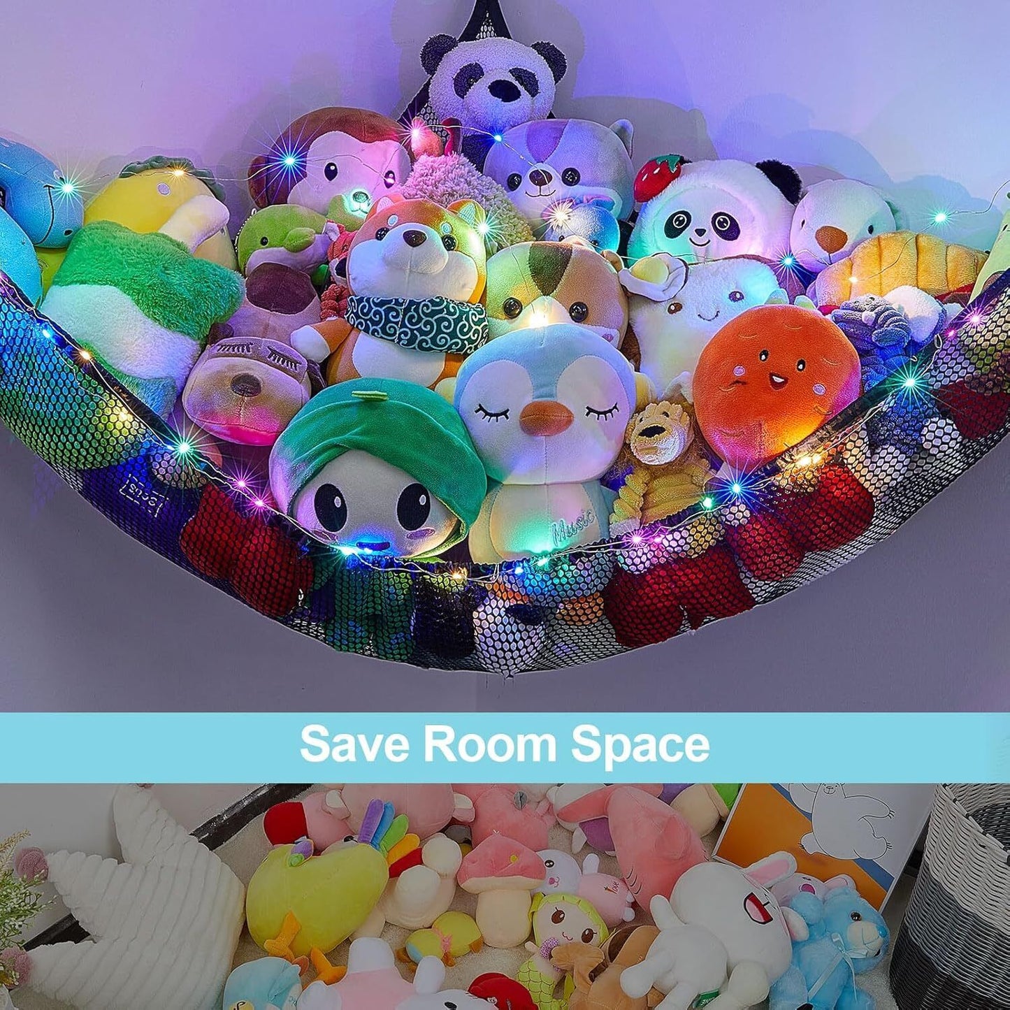 LED Light Hanging Stuffed Animals Organizer, Hammock with LED Lights – Large Corner Toy Net Storage Organizer for Kids Room, Nursery, Playroom 