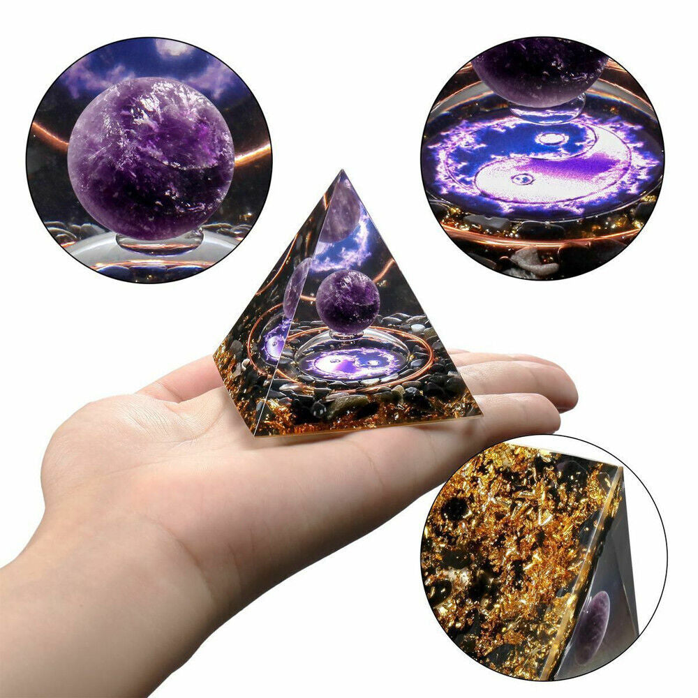 EMF Protection Orgonite Pyramid - Amethyst & Peridot Healing Crystal, Energy Orgone, Spiritual Decor, Positive Vibes, Stress Relief Home & Office Gift