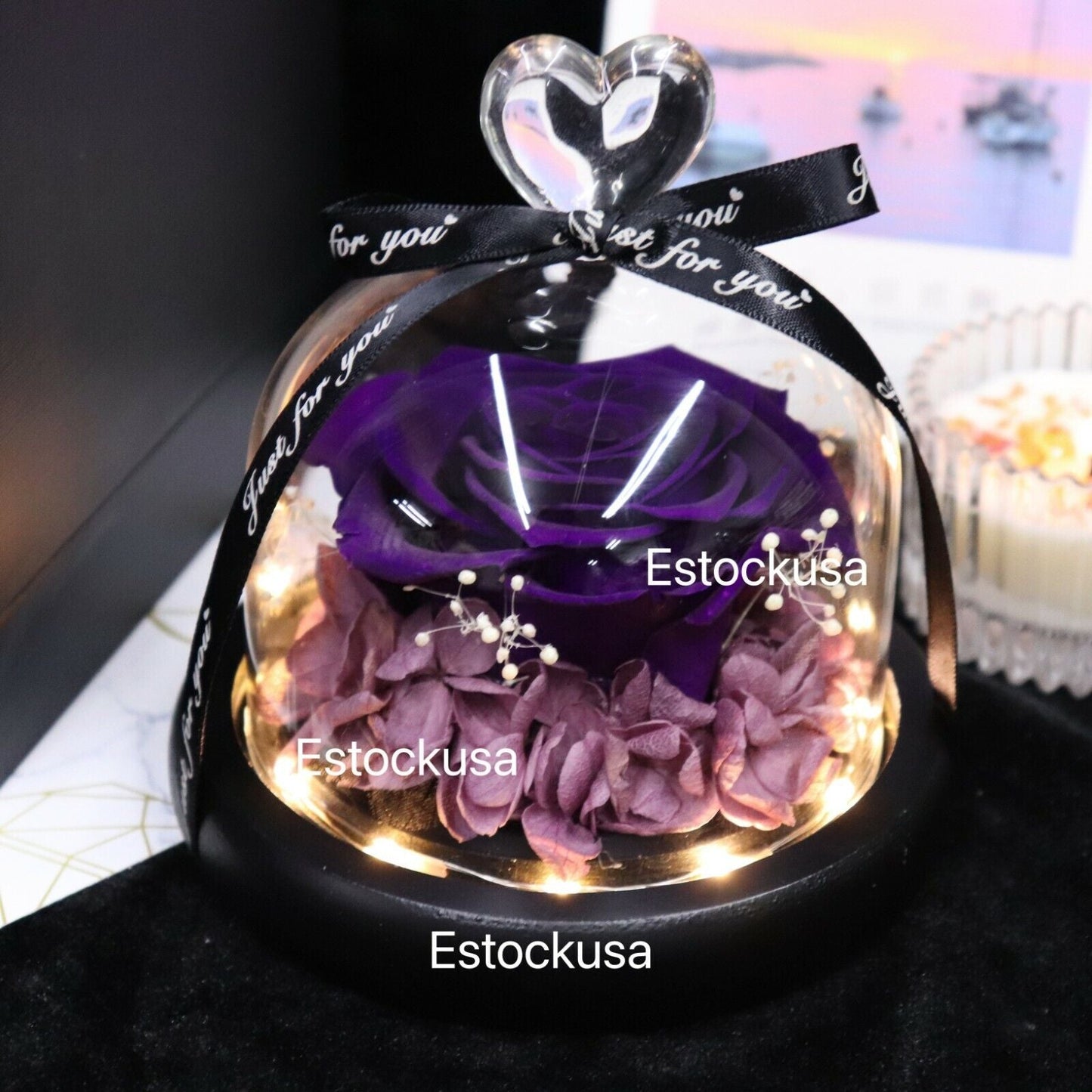 Eternal Flower Rose in Glass Dome with LED Light, Decorative Rose Valentine's Day, Anniversaries Birthdays Gift Romantic Ornaments Wooden Fruit Plants