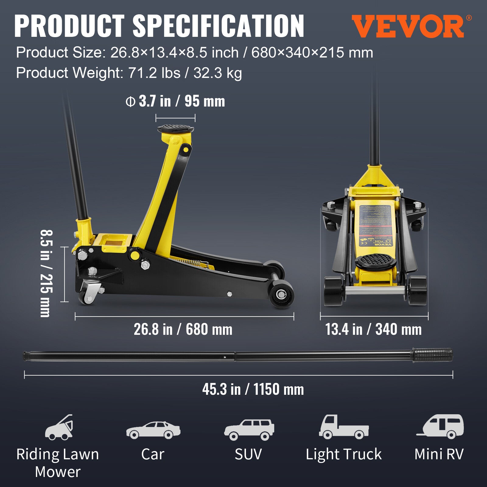 VEVOR 2.5T Lift Low Profile Floor Jack Heavy Steel Dual Piston Auto Rapid Pump