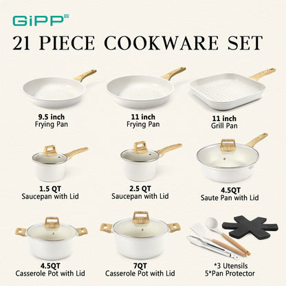 complete cookware 21 pcs set - Ultra Non-Stick Granite Pots and Pans, Induction Compatible, PFOS & PFOA-Free, Easy to Clean, Works on All Stovetops