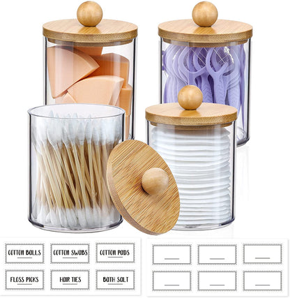 4 Pack Qtip Holder Dispenser with Bamboo Lids - 10 Oz Clear Plastic Apothecary