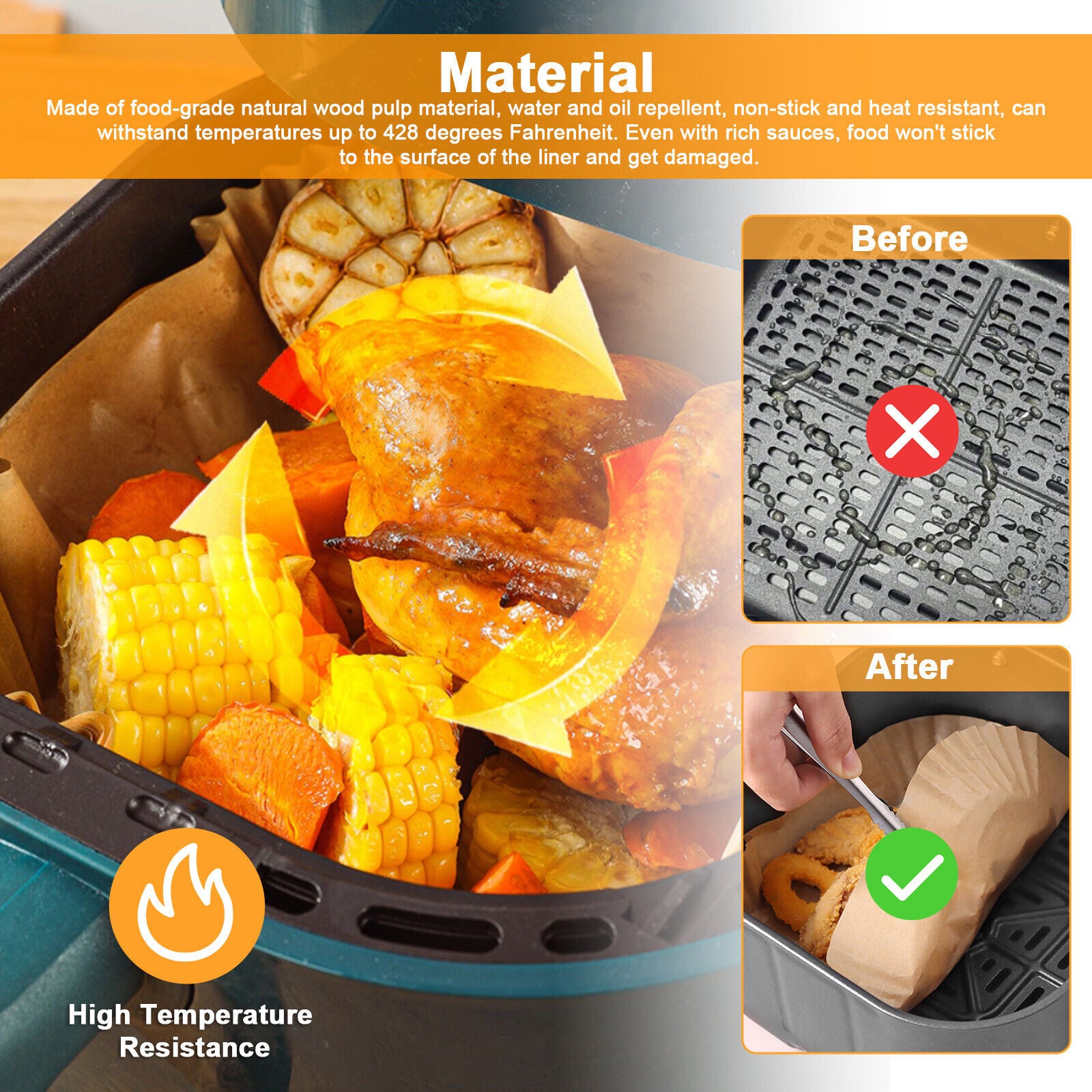 100Pcs Air Fryer Liner Disposable Paper Non-Stick for Food Oven Baking Microwave