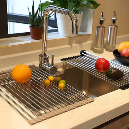 Large Kitchen Over Sink Drying Rack | Stainless Steel Roll-Up Dish Drainer & Cutting Board | Multi-Functional Space-Saving Food Prep Solution