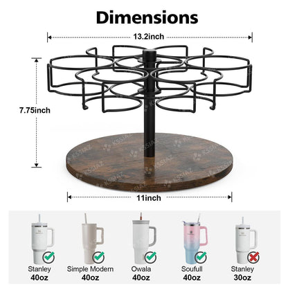 Stanley Cup Holder 40oz - Rotatable 6-Slot Tumbler Organizer Racks , Carbon Steel Wooden Base, Space-Saving Storage Gift Kitchen Decorative