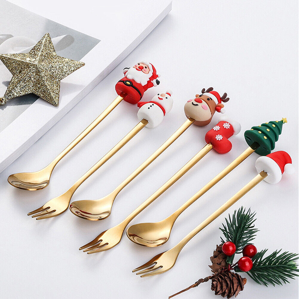 Christmas Themed Cutlery Set 6PCS Christmas Gift Glod Spoon Fork Set Elk Christmas Tree