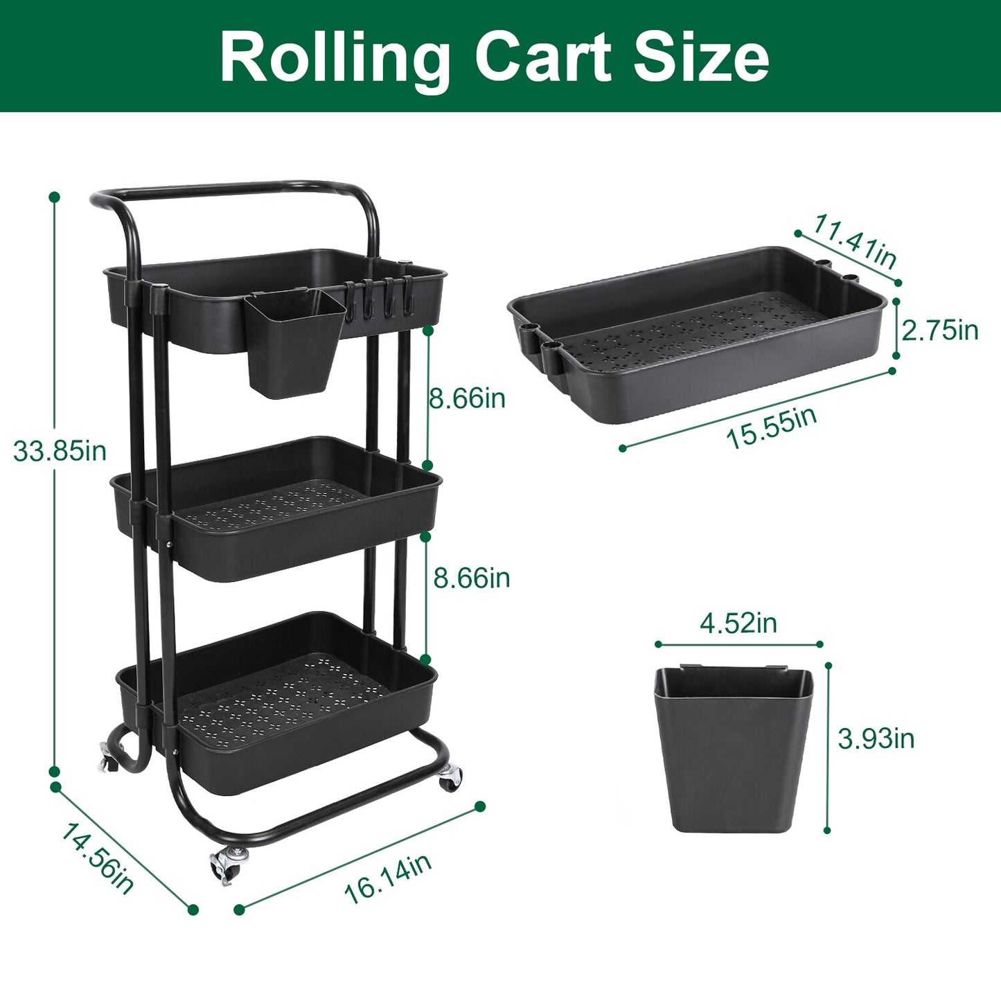 3 Tier Rolling Kitchen Trolley Cart Metal+Pp Storage Shelves Rack Utility Cart