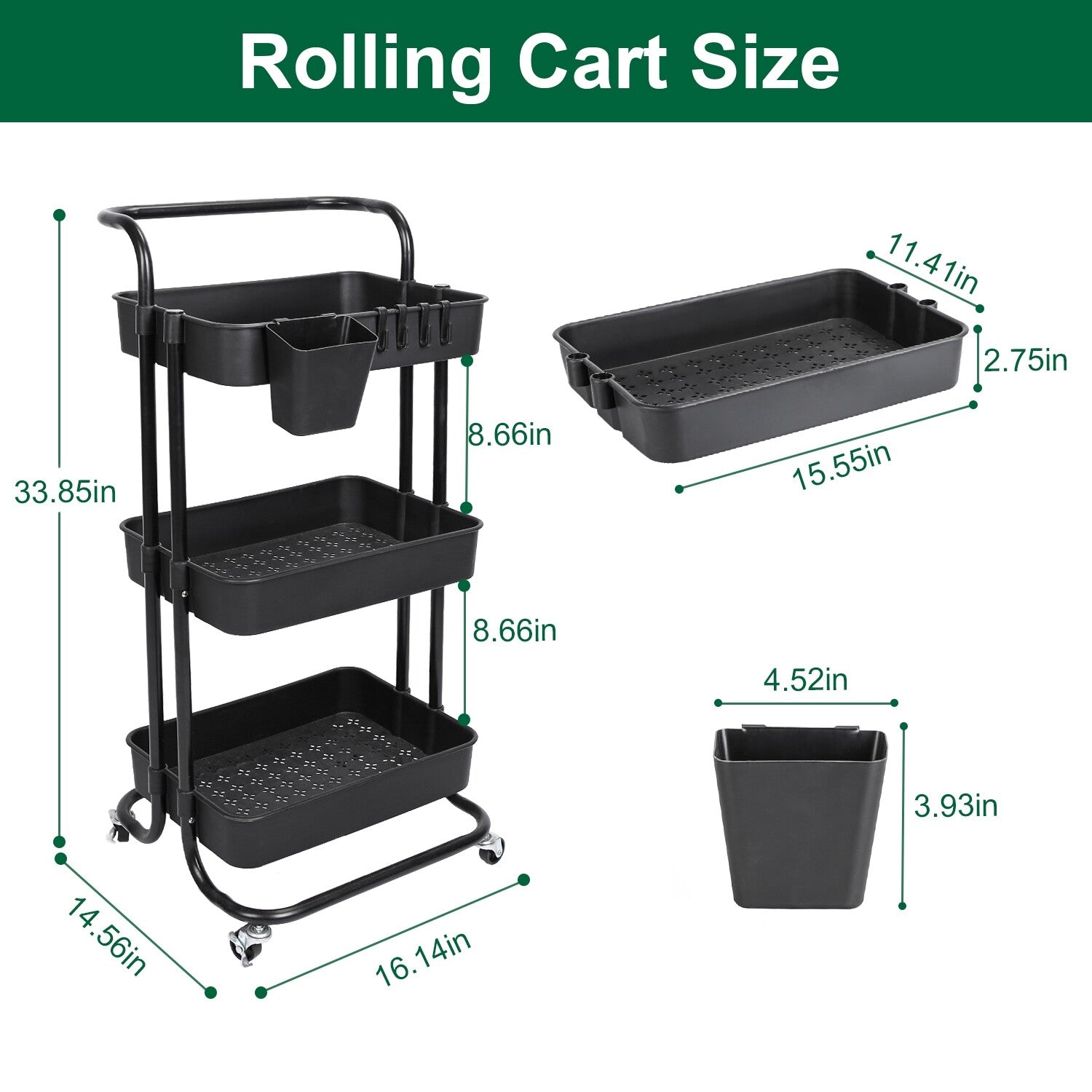 3 Tier Rolling Kitchen Trolley Cart Metal+Pp Storage Shelves Rack Utility Cart