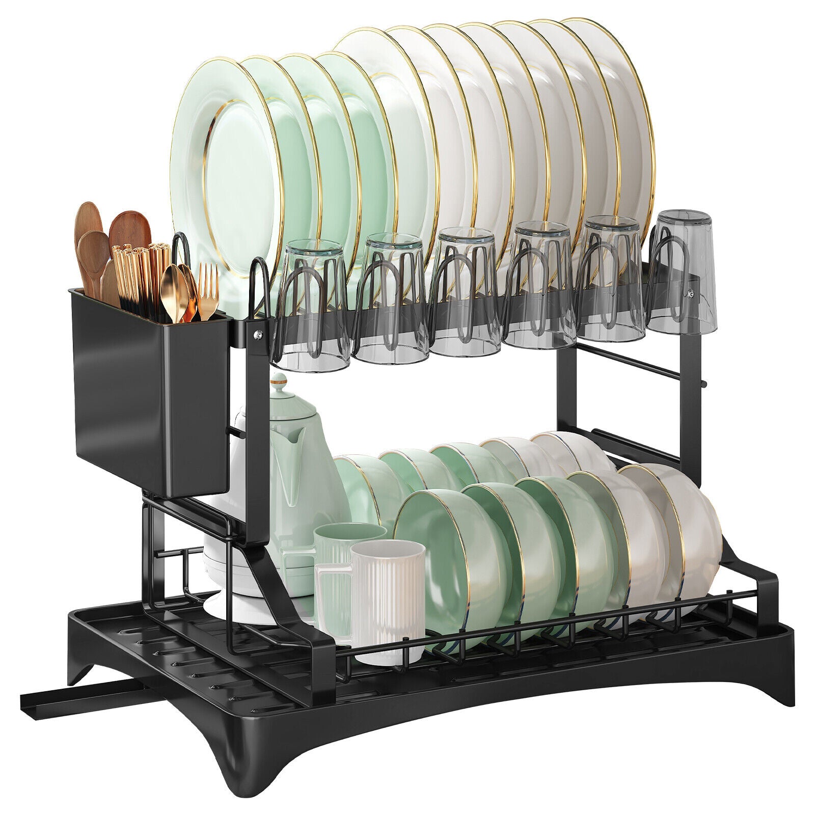 2-Tier Dish Drying Rack for Kitchen | Stainless Steel Organizer with Auto-Draining System, Utensil Holder, Cup Rack | Rustproof & Space-Saving Design