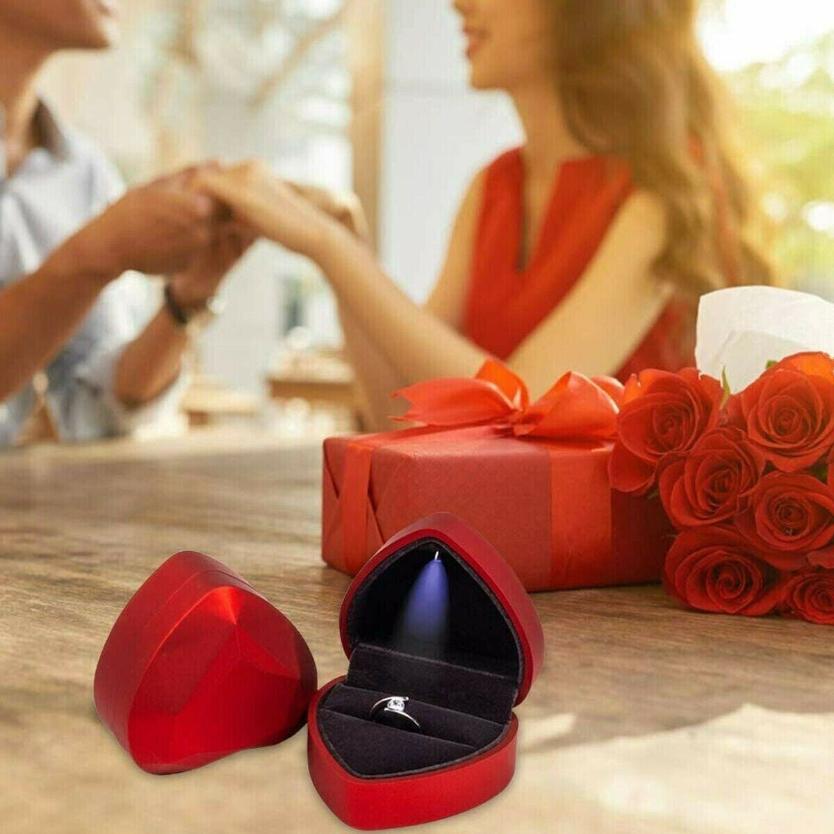 LED Diamond Ring Box Light - Heart Shaped Velvet Jewelry Case for Wedding, Engagement | Elegant Gift Box with Built-in Light Organiser Matte