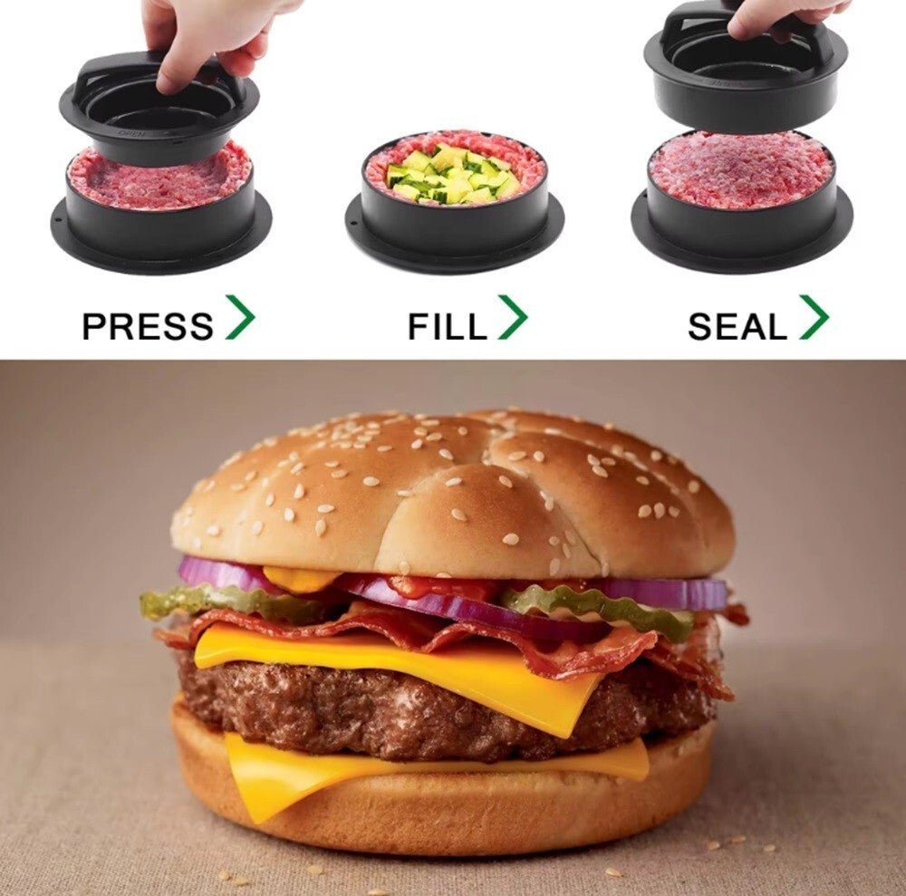 3-In-1 Burger Press Patty Maker – Stuffed Hamburger Press Kit + 100 Wax Papers