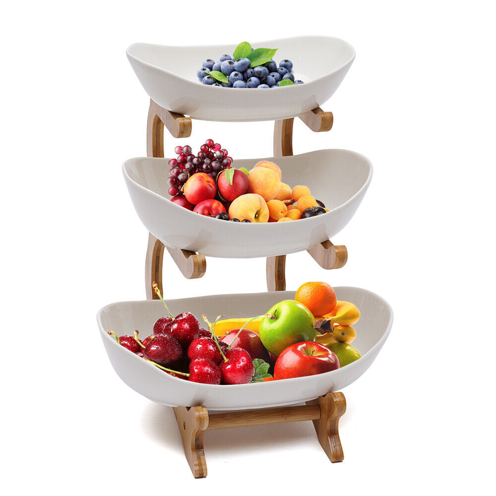 3 Layer Ceramic Fruit Plate Stand - Bamboo Kitchen Organizer for Fruits, Vegetables, Snacks & Sushi, Multi-Layer Storage Tray for Home & Party Display