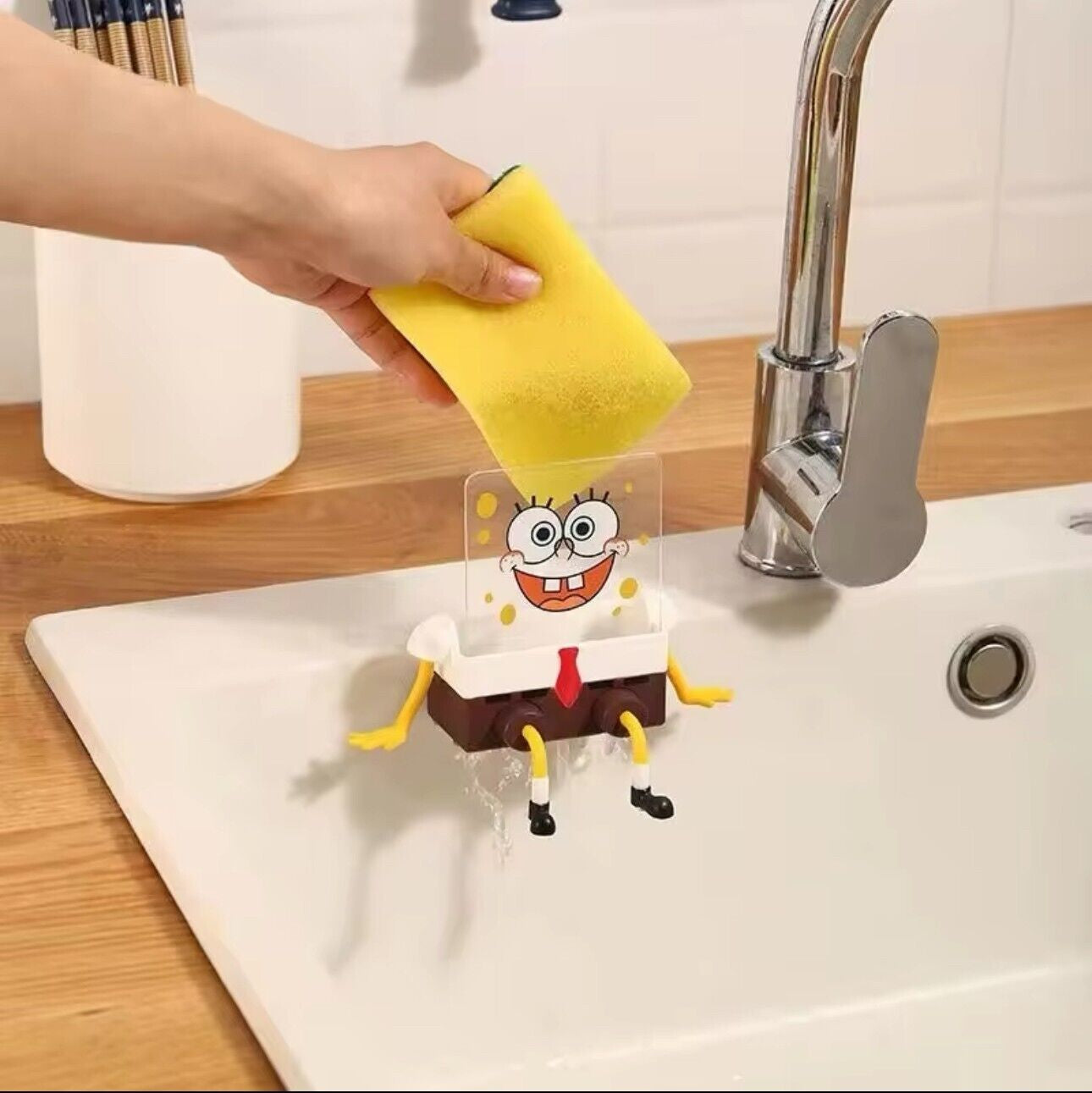 SpongeBob Sponge Holder for Sink & Kitchen - Cute & Fun Sponge Caddy with Arms & Legs, Includes Acrylic Holder, Durable Kitchen Organizer