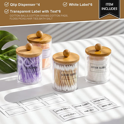 4 Pack Qtip Holder Dispenser with Bamboo Lids - 10 Oz Clear Plastic Apothecary