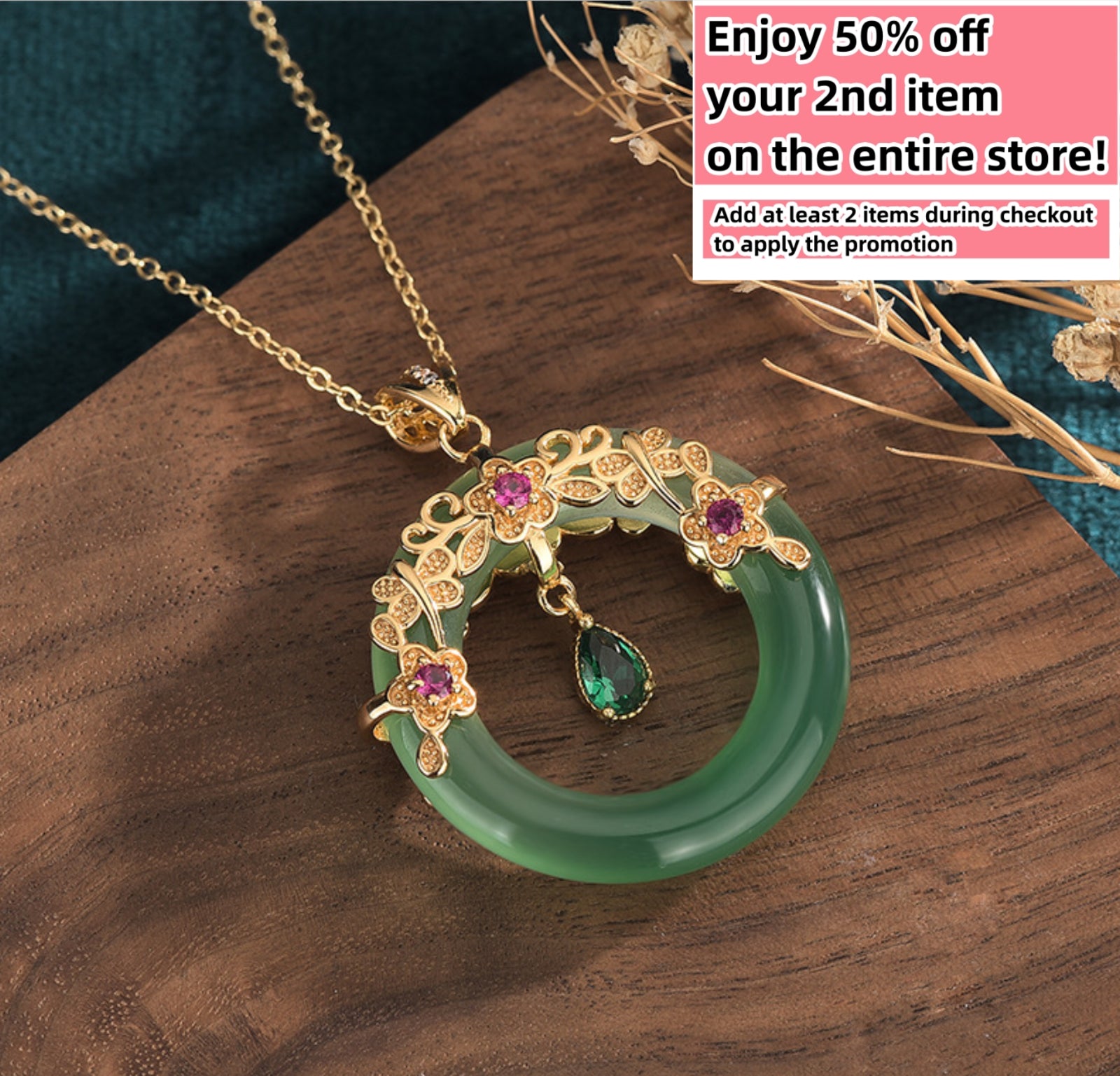 safety necklace, Jade Crystal Pendant Necklace –18K Gold Plated Donut Charm, Dainty Gemstone Jewelry, Adjustable 18'' Chain, Elegant Gift for Her, Mom