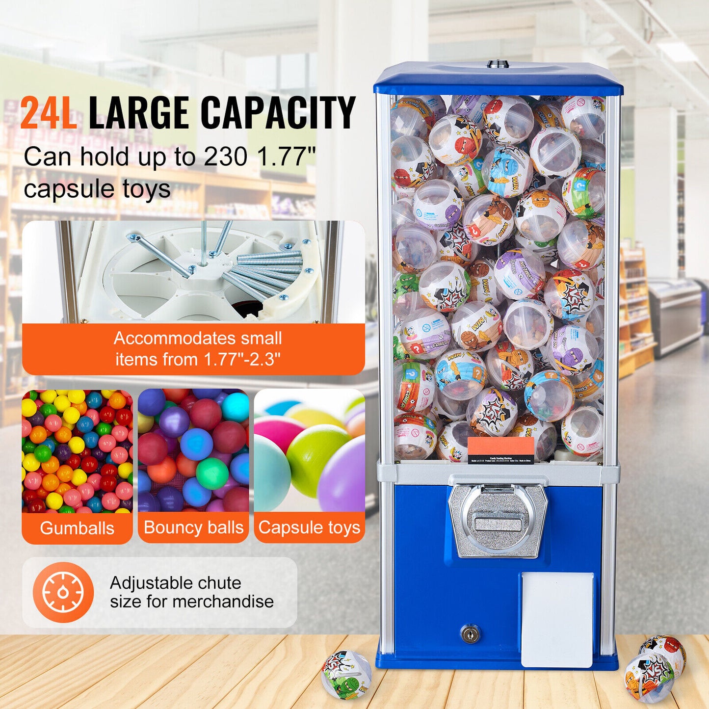 Gumball Machine 24L Large Capacity - Coin Operated Vending Machine for 1.77"-2.3" Capsule Toys, Bouncy Balls, Bubble Gum - Sturdy Metal Base, Lockable