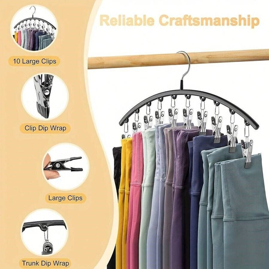 Space Saving Hangers with Clips for Pants, Leggings & Closet Organization, 10 Pcs Large Capacity Pants Organizer for Skirts, Shorts, & Clothes Storage