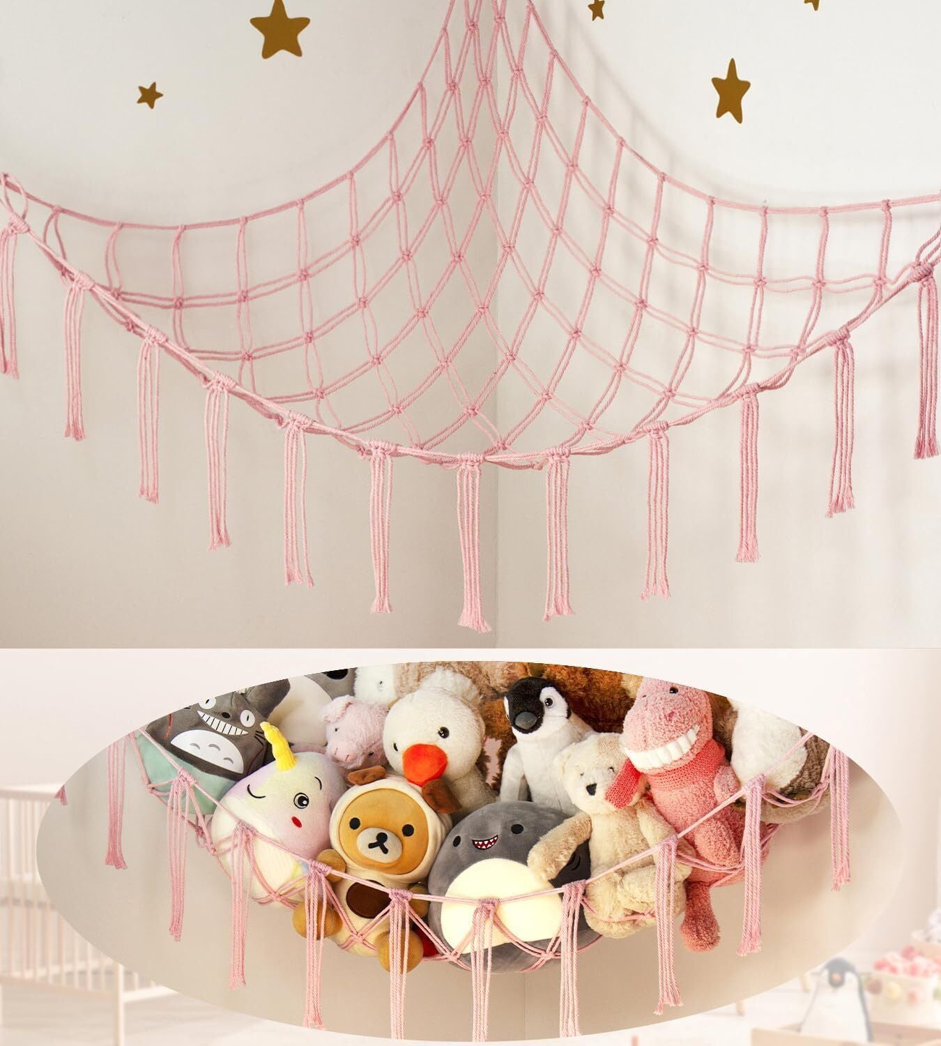 Large Stuffed Animal Storage Hammock Corner Net - Pink Room Large, Babypink