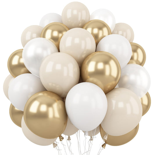 White and Gold Balloons, 12 Inch White Sand Gold Metallic Latex Balloons, Beige