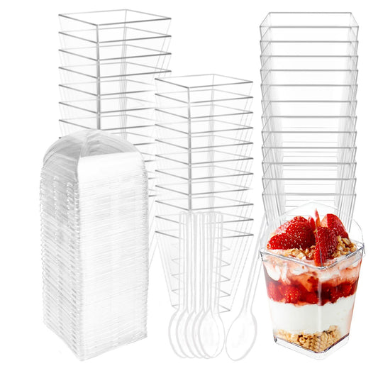 50 Count 5OZ Dessert Cups with Lids and Spoons Square Plastic Dessert Cups Cl...