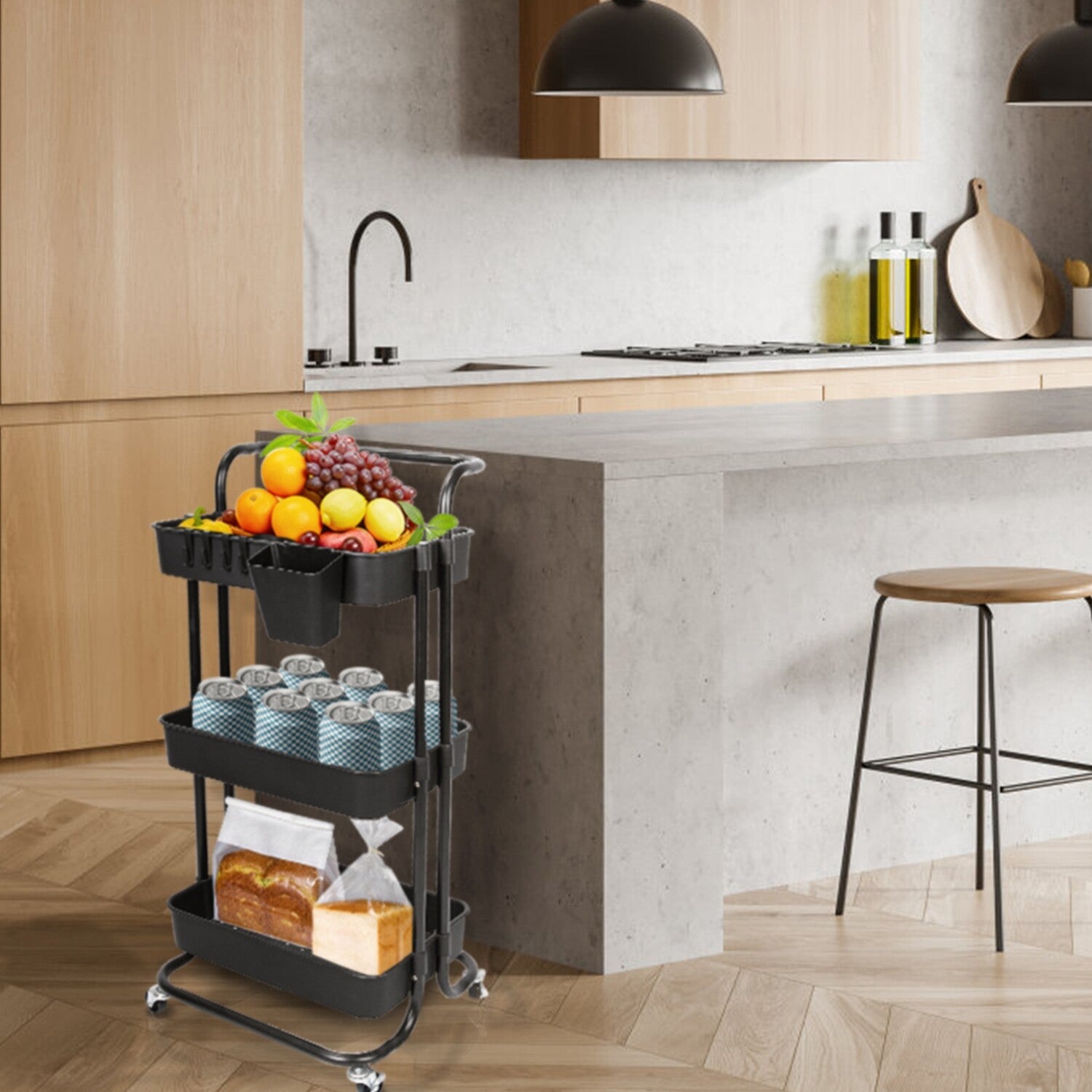 3 Tier Rolling Kitchen Trolley Cart Metal+Pp Storage Shelves Rack Utility Cart