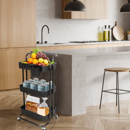 3 Tier Rolling Kitchen Trolley Cart Metal+Pp Storage Shelves Rack Utility Cart
