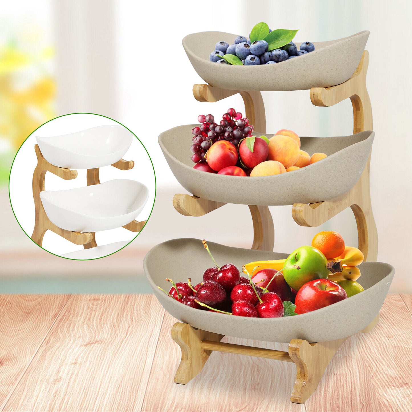 3-Tier Fruit Tray Storage Rack – Bamboo & Ceramic Stand for Snacks, Candy, Sushi – Elegant Display for Home, Parties, Weddings & More (White/Brown)