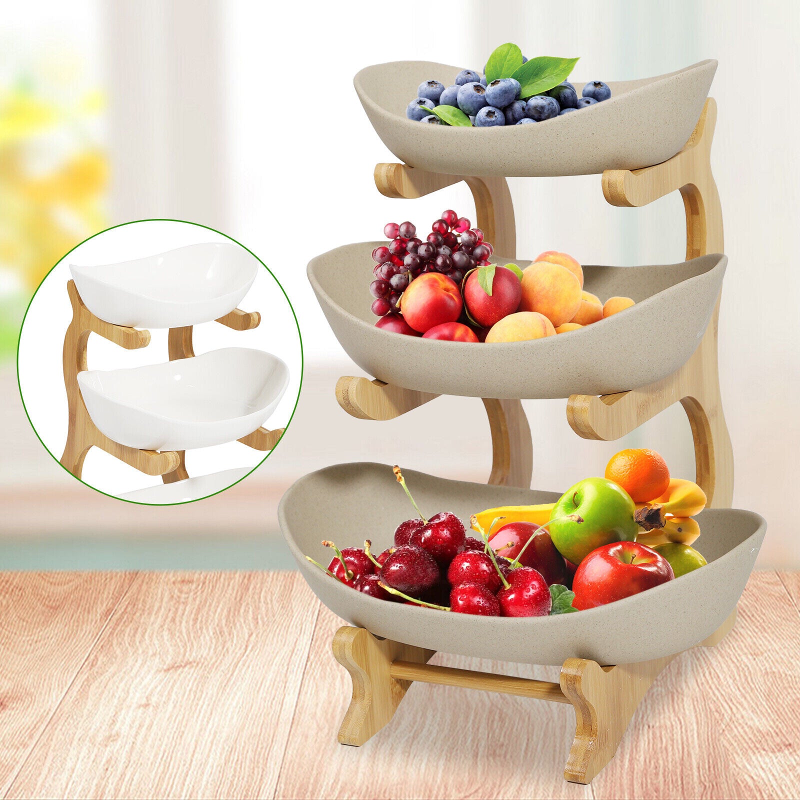 3-Tier Fruit Tray Storage Rack – Bamboo & Ceramic Stand for Snacks, Candy, Sushi – Elegant Display for Home, Parties, Weddings & More (White/Brown)