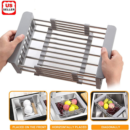 Adjustable Stainless Steel Kitchen Dish Drying Sink Rack Drain Strainer Basket