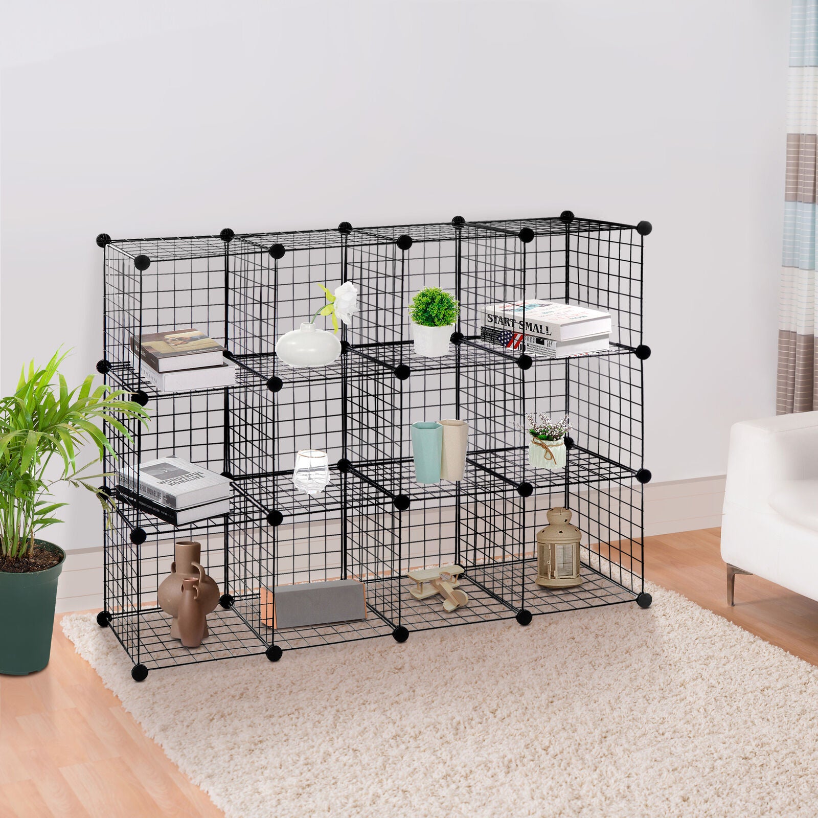 12-Cube Wire Storage Organizer – DIY Metal Bookshelf & Shelving Rack for Bedroom, Living Room, or Closet – Modern Industrial Design, Large Capacity