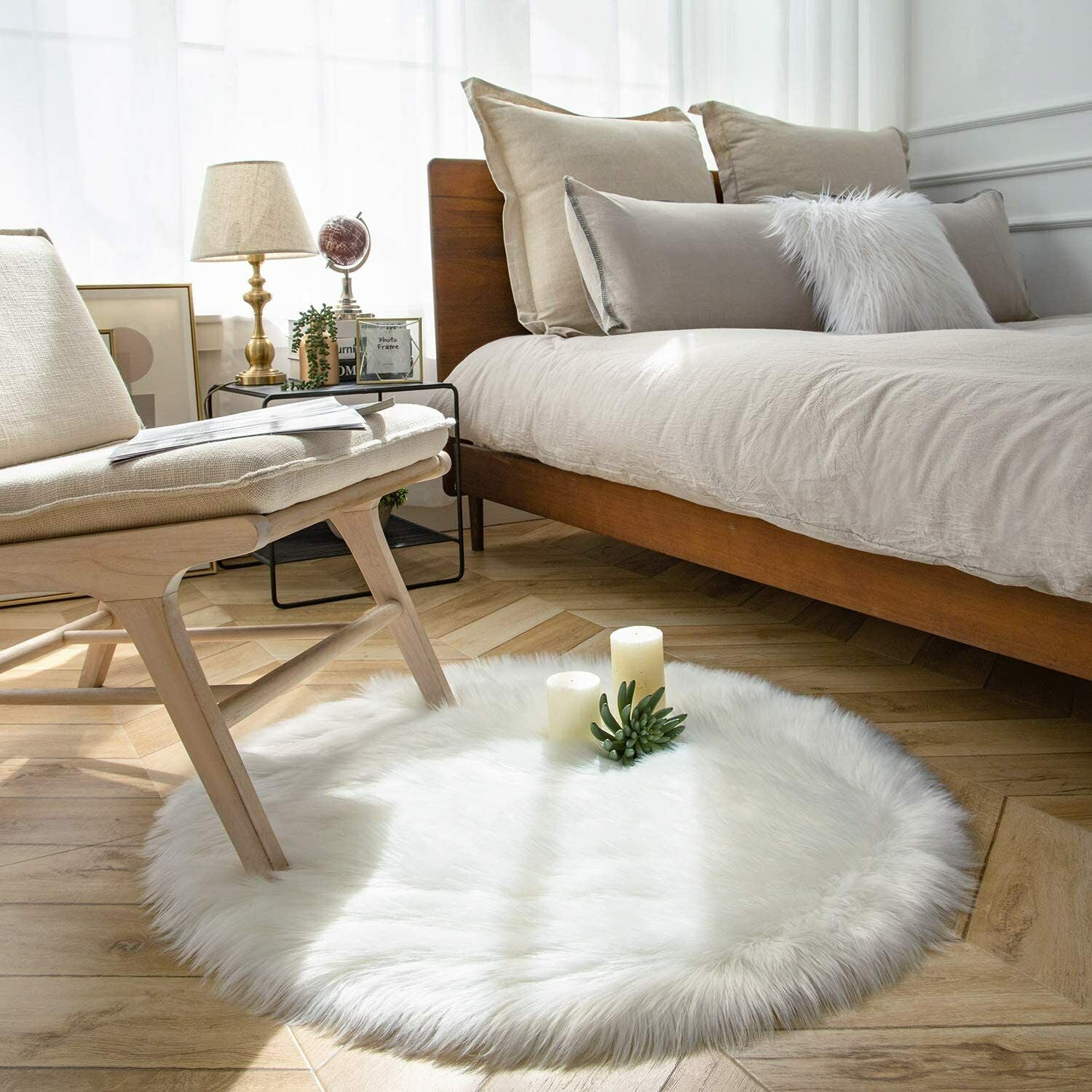 Faux Fur Sheepskin Fluffy Area Rugs round Shaggy Carpet for Bedroom Living Room