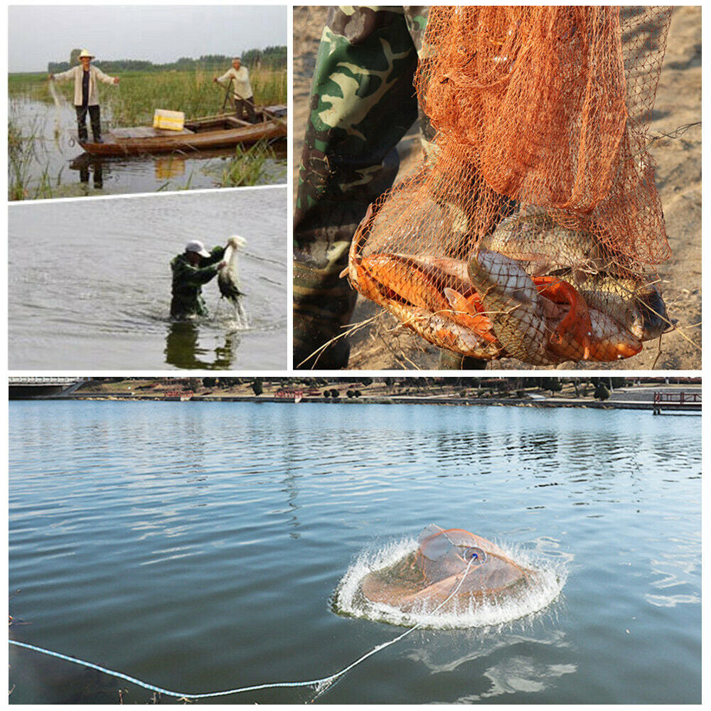 Easy Throw Fishing Cast Net, Durable Nylon Mesh with Aluminum Ring & Zinc Sinkers, Long Rope for Bait & Fish Catching Success!