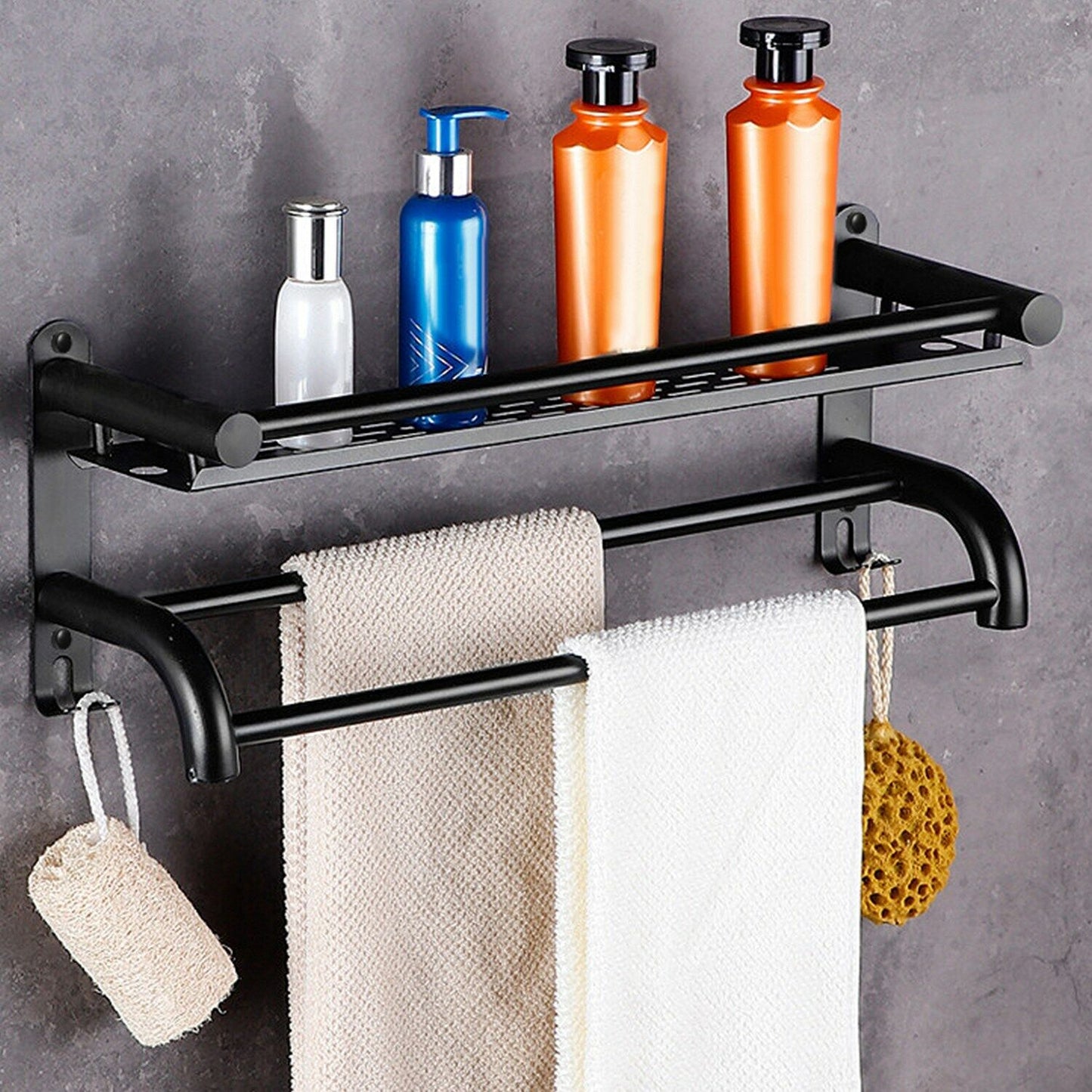 23.6'' 2-Tier Wall-Mounted Towel Rack - Matte Black Bathroom Organizer with Storage Shelf, Dual Bars, Hooks, Corrosion-Resistant & Easy Install