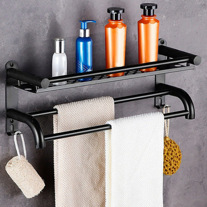 23.6'' 2-Tier Wall-Mounted Towel Rack - Matte Black Bathroom Organizer with Storage Shelf, Dual Bars, Hooks, Corrosion-Resistant & Easy Install