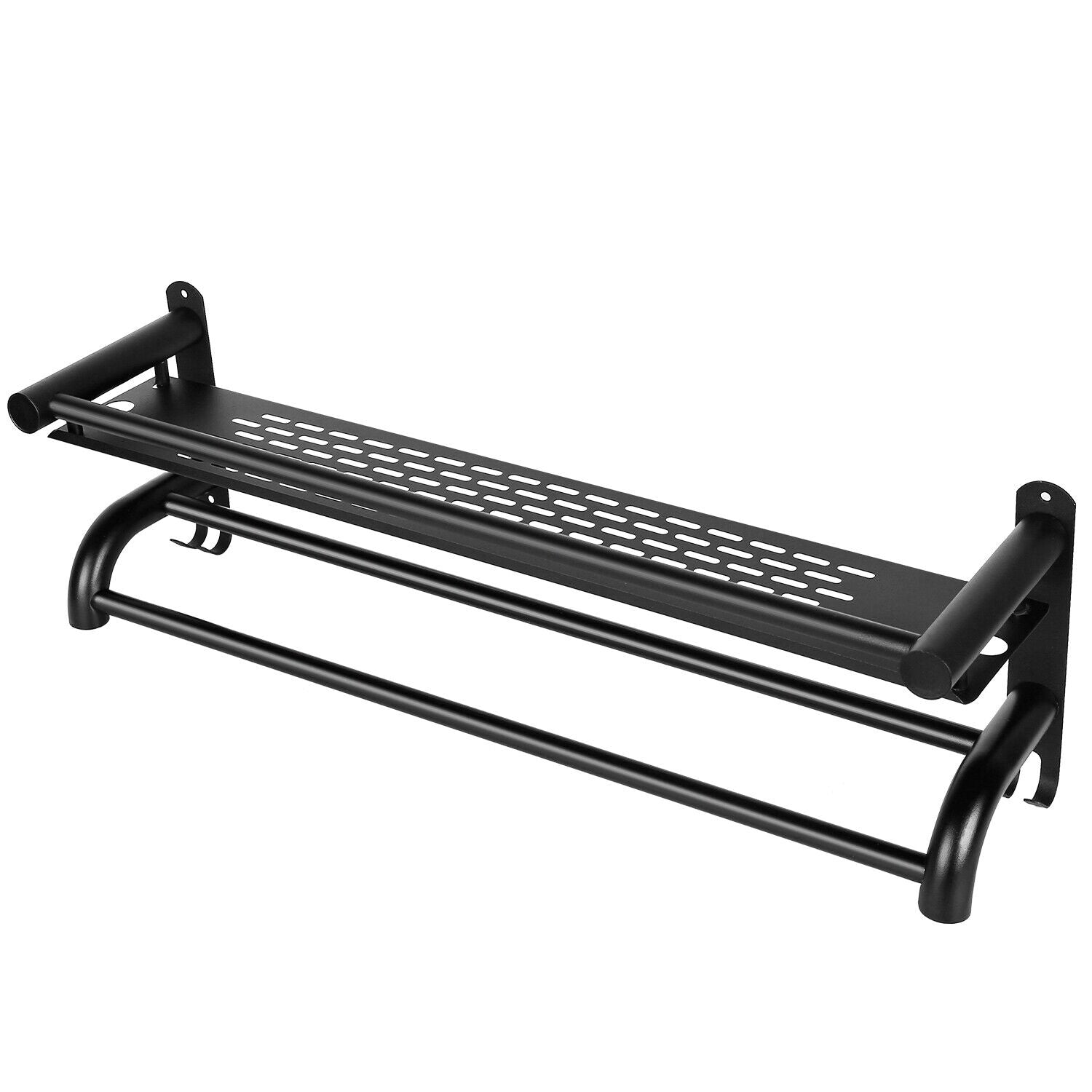 23.6'' 2-Tier Wall-Mounted Towel Rack - Matte Black Bathroom Organizer with Storage Shelf, Dual Bars, Hooks, Corrosion-Resistant & Easy Install