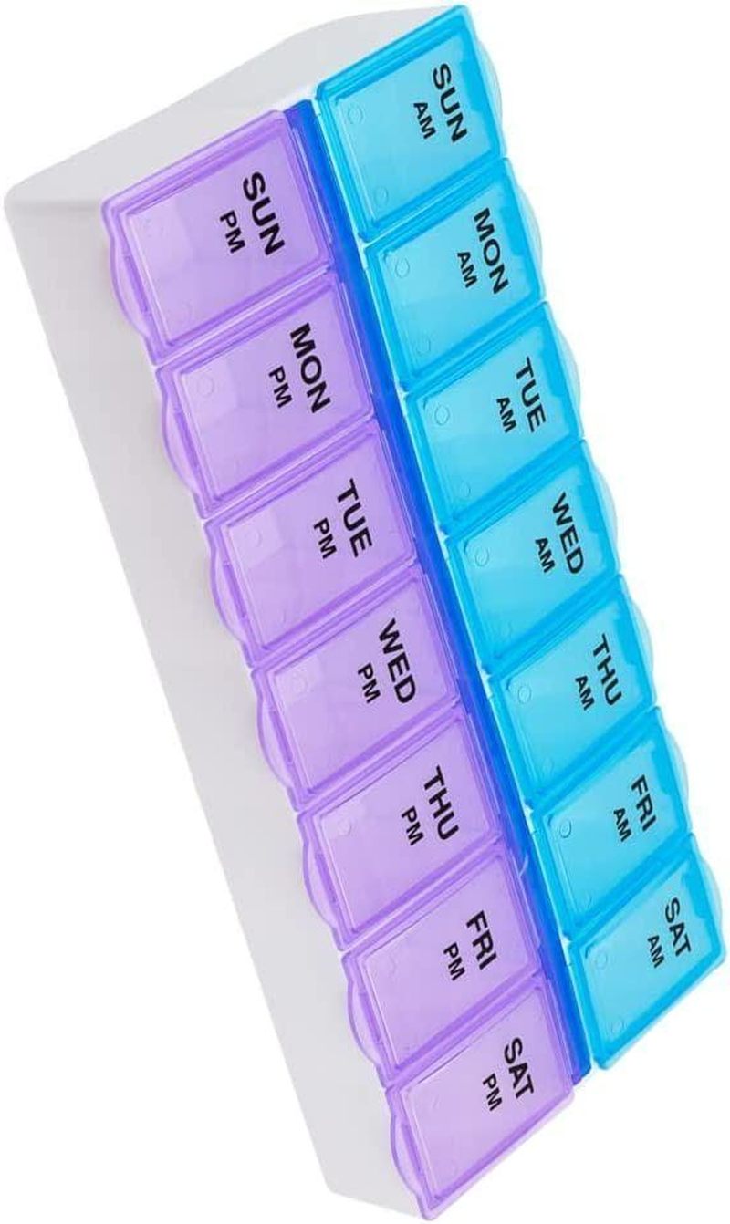 Weekly Pill Organizer 7-Day AM/PM Dispenser - Easy Push Buttons, Clear Lid, Large Compartments for Daily Medication, Perfect for Travel & Home Use
