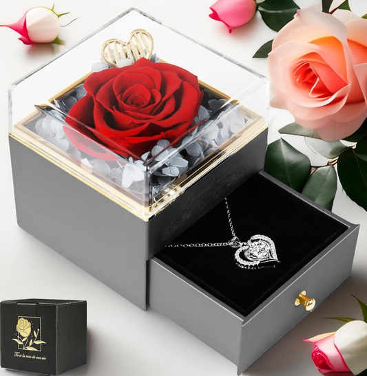 Eternal Red Rose with Heart Necklace – Romantic Gift for Wife, Girlfriend, Mom, Anniversary, Valentine's Day, Birthday, Preserved Flower & Jewelry