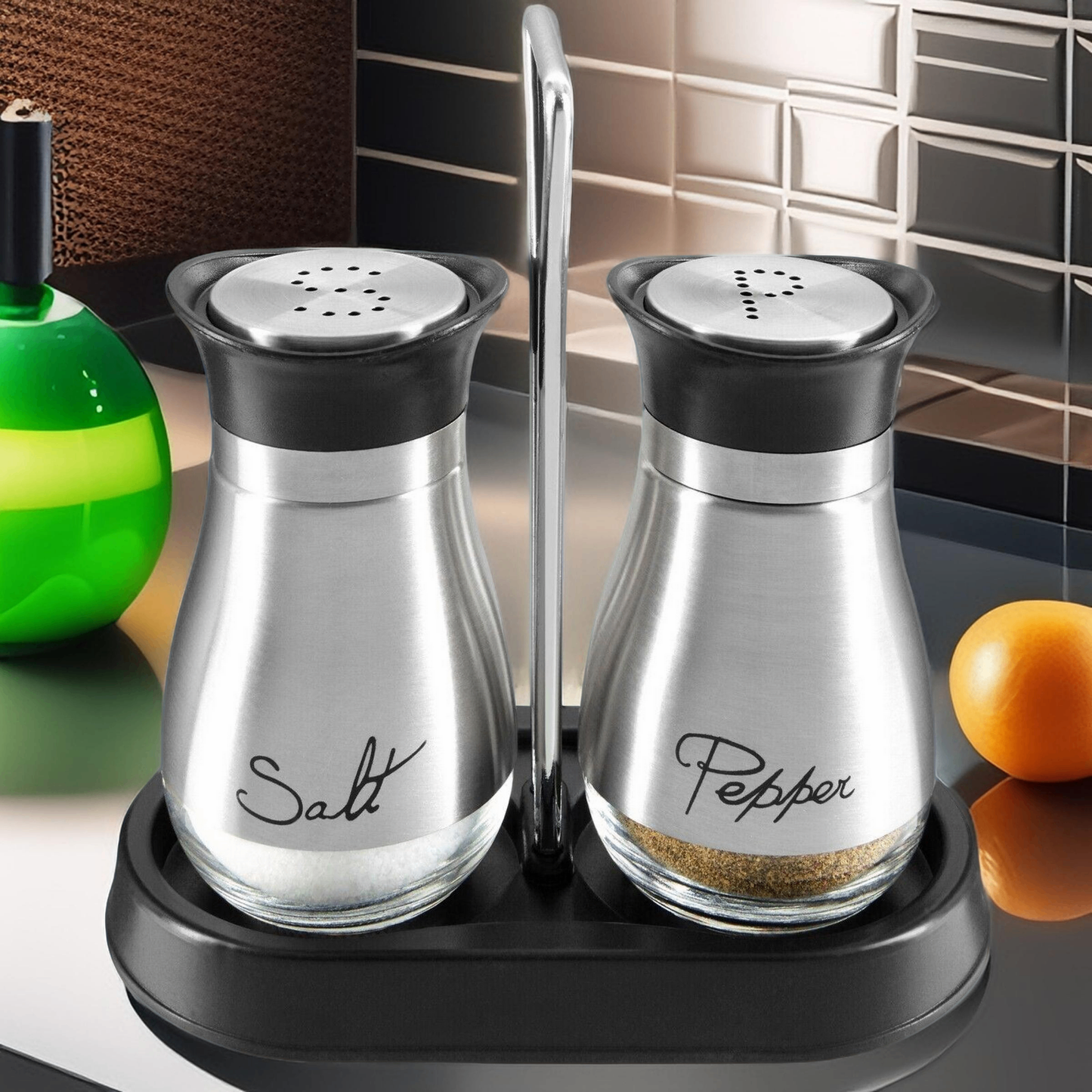 3 Piece Stainless Steel Salt and Pepper Shakers Set with Glass Bottoms – Elegant Spice Dispensers for Kitchen, Dining Table, and kitchen supplies