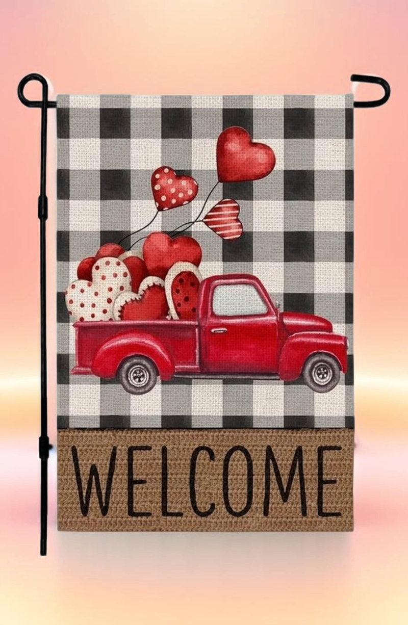 Valentine’s Day Garden Flag, Double-Sided Burlap Flag with Love Heart & Red Truck | Durable 12x18 Inch Yard Decor for Lawn, Porch & Patio