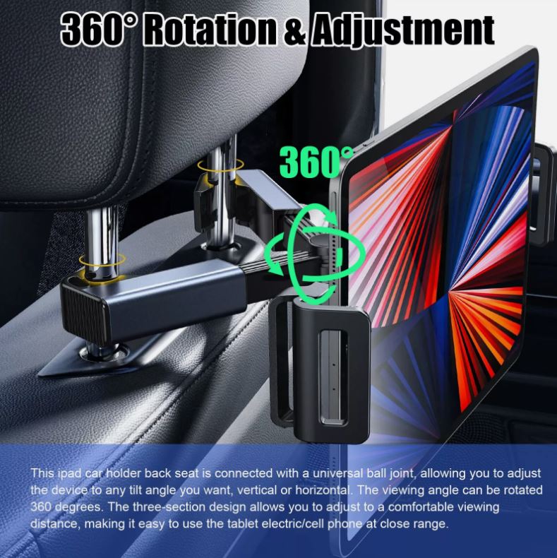 360° Car Back Seat Headrest Tablet Holder – Fits 4.7-12.9'' Smartphones Tablets! Perfect for Movies, Games on Road Trips