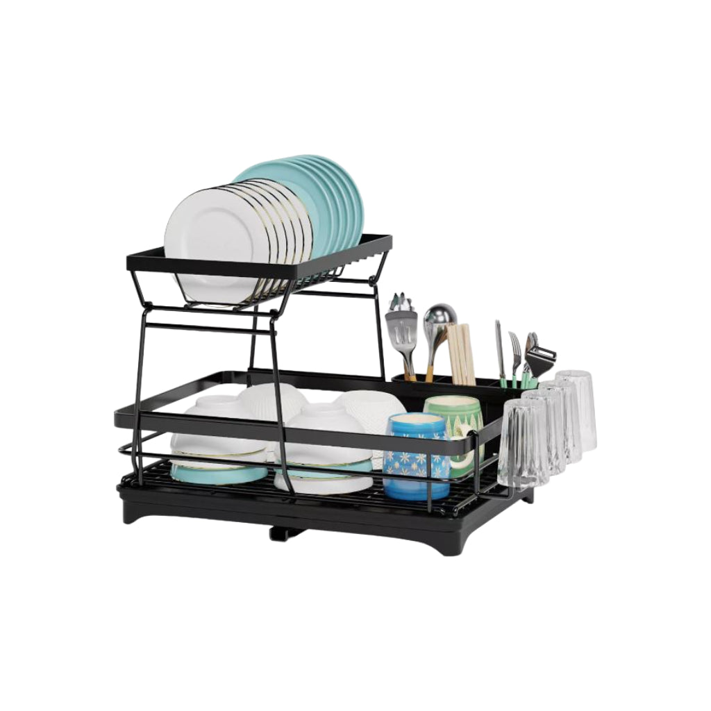 Dish Drying Rack 2-Tier Kitchen Organizer | Space-Saving Drying Rack w/ Drainboard, Rotatable Drain Tray, Utensil Holder, Rustproof & Easy Install