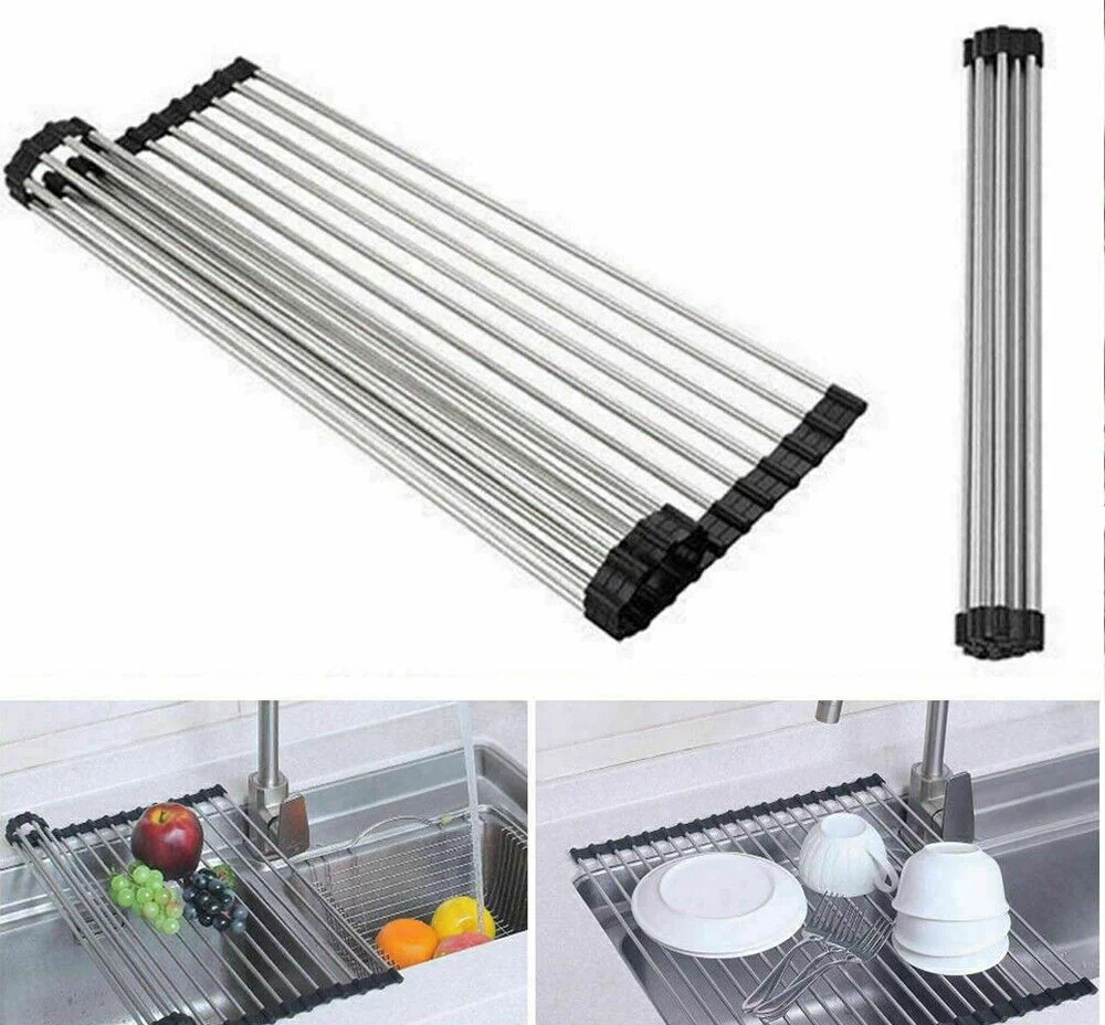 Large Kitchen Over Sink Drying Rack | Stainless Steel Roll-Up Dish Drainer & Cutting Board | Multi-Functional Space-Saving Food Prep Solution