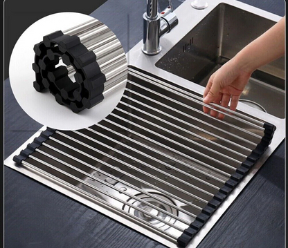 Large Kitchen Over Sink Drying Rack | Stainless Steel Roll-Up Dish Drainer & Cutting Board | Multi-Functional Space-Saving Food Prep Solution