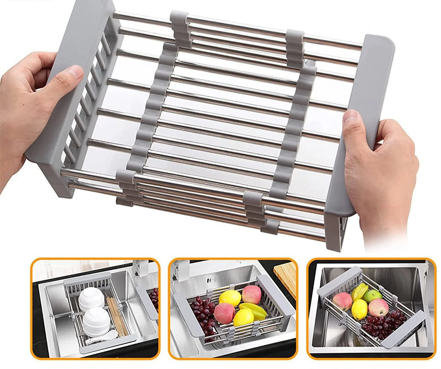 Adjustable Kitchen Sink Dish Drying Rack | Stainless Steel Drain Strainer Basket for Bowls, Dishes Utensils | Durable & Easy to Clean Organiser Design