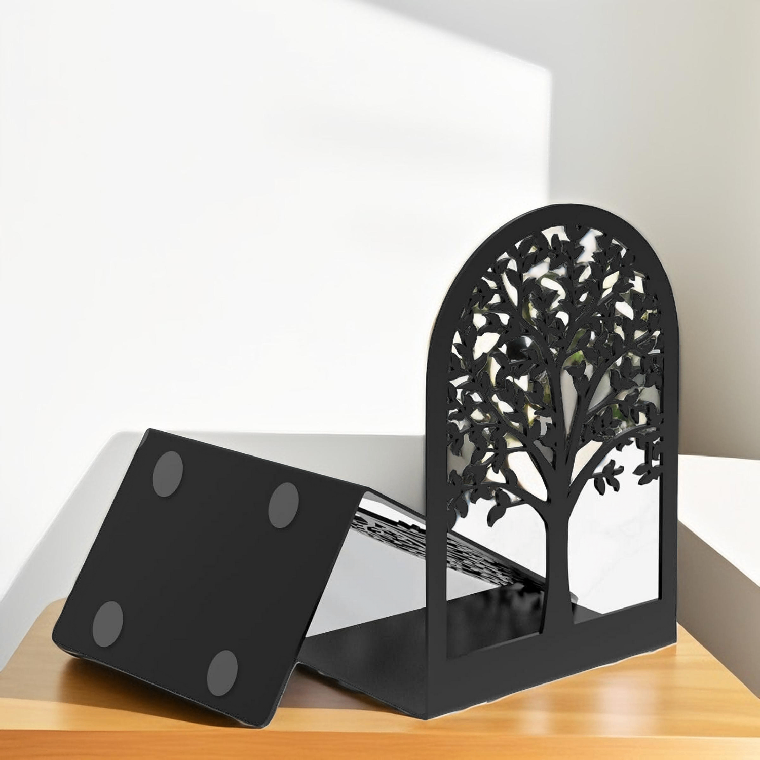 Modern Tree Bookends for Shelves, Decorative Metal Book Ends | Anti-Slip & Durable Steel Design for Home, Office, Library | 2 Sets of 4-Pack