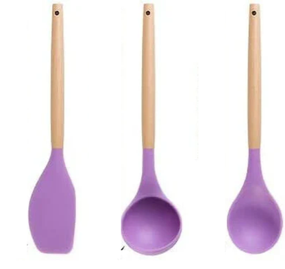 12-Piece Silicone Kitchen Utensil Set, Heat-Resistant Tools with Wooden Holder,Pasta Plastic Barrel Handles Insulation Ladle Spatula Spoon Tong Turner